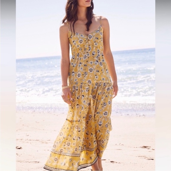 Evereve Collette floral spaghetti strap maxi  yellow adjustable straps sundress - Picture 1 of 11